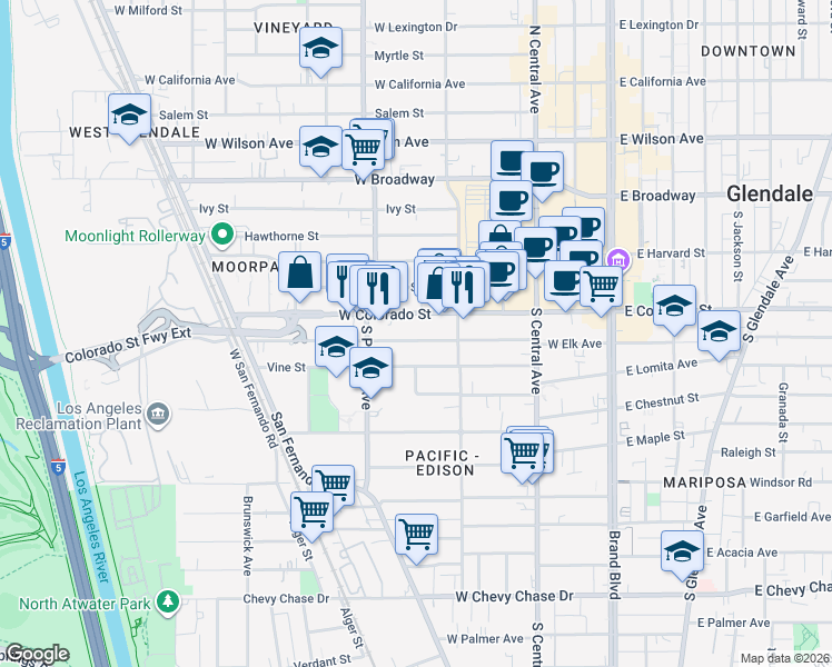 map of restaurants, bars, coffee shops, grocery stores, and more near 446 West Elk Avenue in Glendale