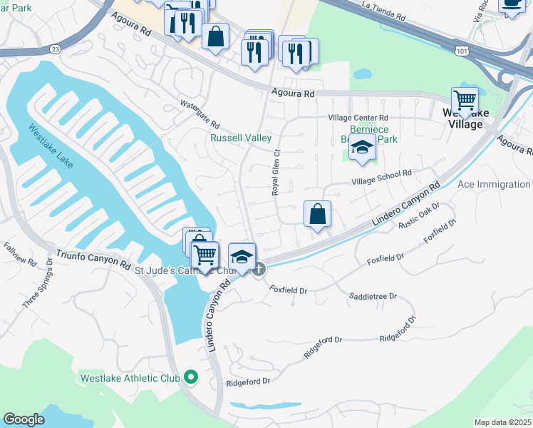 map of restaurants, bars, coffee shops, grocery stores, and more near 32017 Wallington Court in Westlake Village