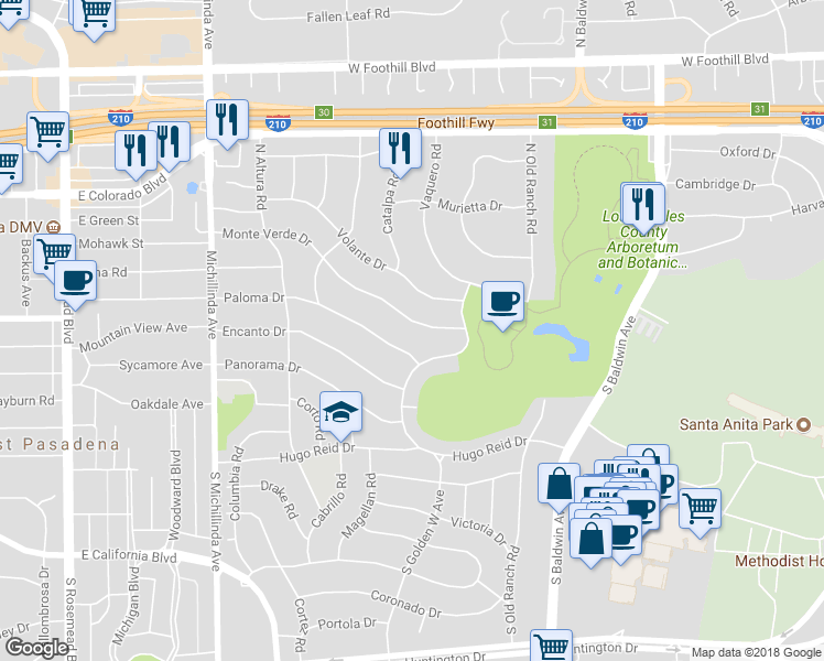 map of restaurants, bars, coffee shops, grocery stores, and more near 848 Monte Verde Drive in Arcadia