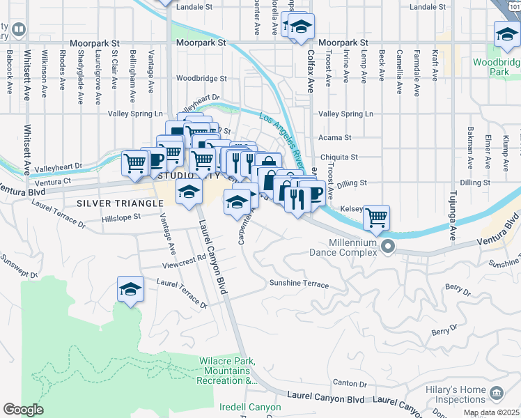 map of restaurants, bars, coffee shops, grocery stores, and more near 3960 Carpenter Avenue in Los Angeles