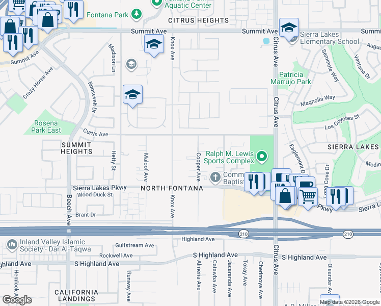 map of restaurants, bars, coffee shops, grocery stores, and more near 6188 Cooper Avenue in Fontana