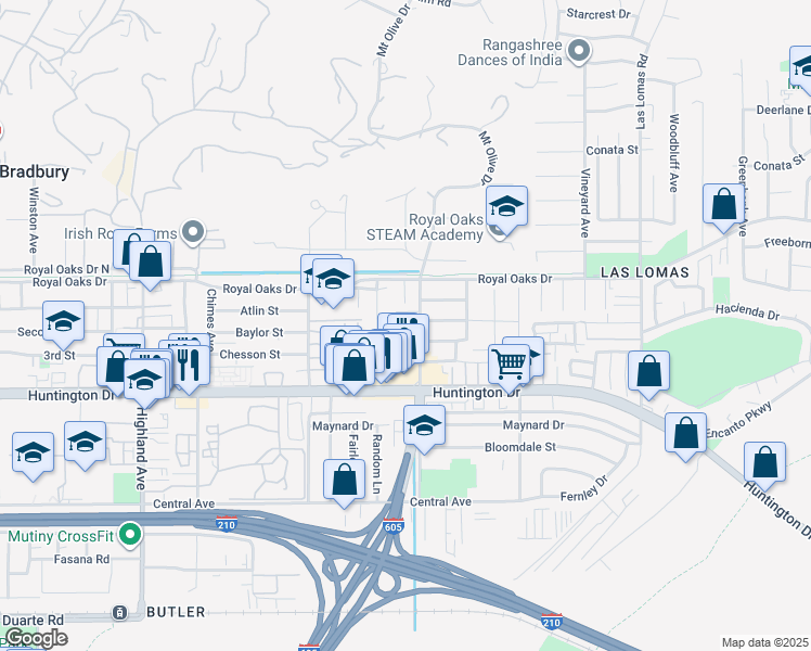 map of restaurants, bars, coffee shops, grocery stores, and more near 2305 Beardslee Street in Duarte