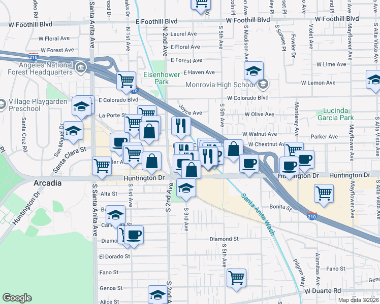 map of restaurants, bars, coffee shops, grocery stores, and more near 311 Huntington Drive in Arcadia