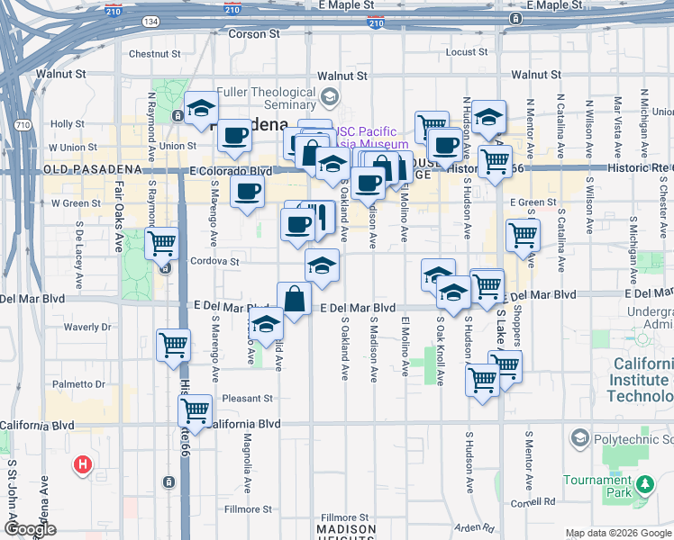 map of restaurants, bars, coffee shops, grocery stores, and more near 255 South Oakland Avenue in Pasadena