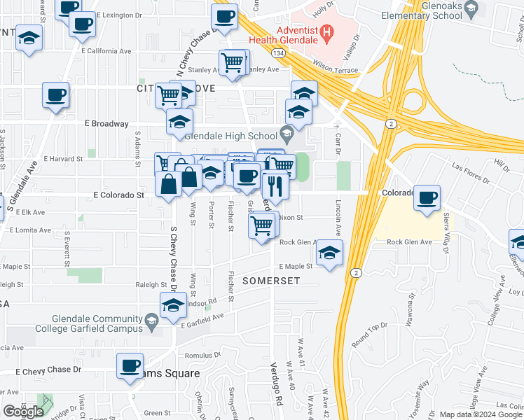 map of restaurants, bars, coffee shops, grocery stores, and more near 406 Griswold Street in Glendale