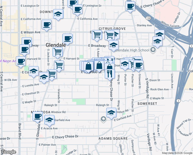 map of restaurants, bars, coffee shops, grocery stores, and more near 401 South Adams Street in Glendale