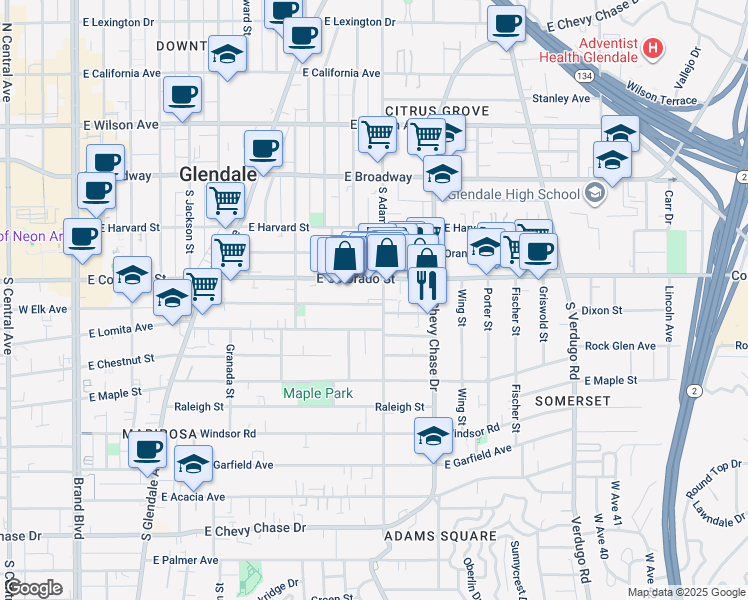 map of restaurants, bars, coffee shops, grocery stores, and more near 401 South Adams Street in Glendale