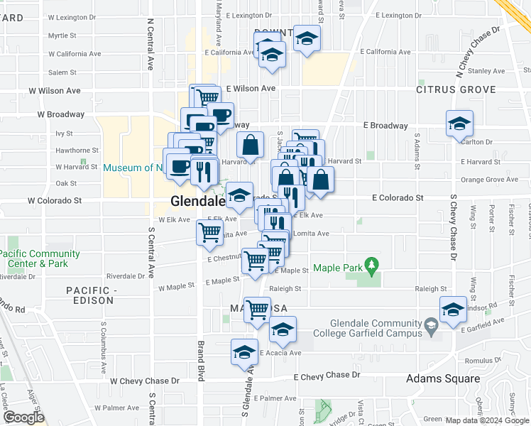 map of restaurants, bars, coffee shops, grocery stores, and more near 406 East Elk Avenue in Glendale
