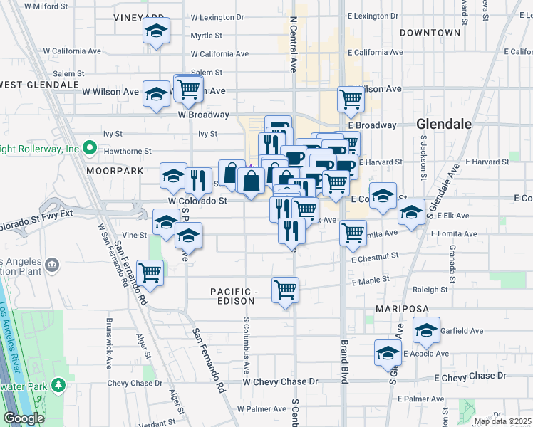 map of restaurants, bars, coffee shops, grocery stores, and more near 350 West Elk Avenue in Glendale