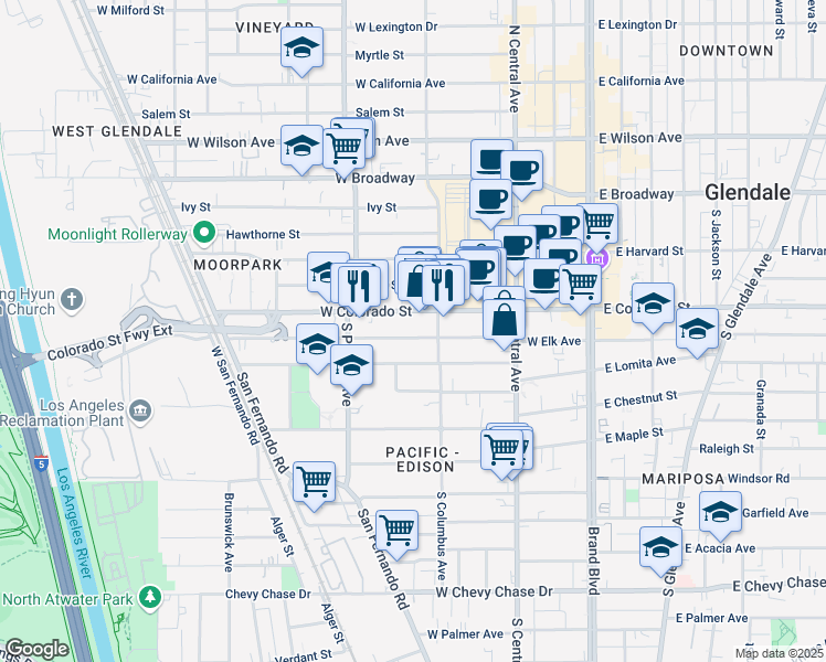map of restaurants, bars, coffee shops, grocery stores, and more near 416 West Elk Avenue in Glendale