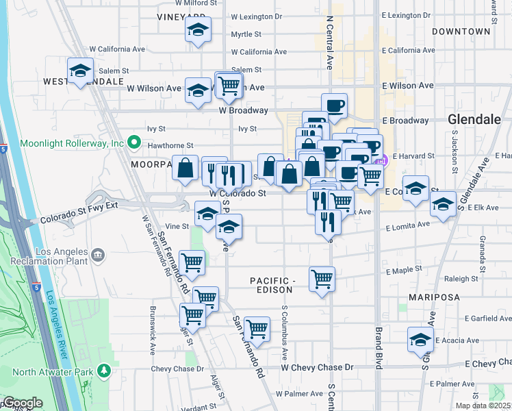 map of restaurants, bars, coffee shops, grocery stores, and more near 446 West Elk Avenue in Glendale