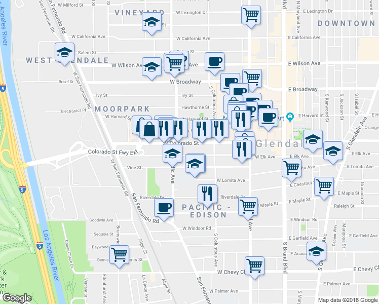 map of restaurants, bars, coffee shops, grocery stores, and more near 446 West Elk Avenue in Glendale
