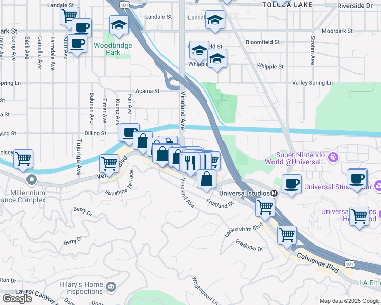map of restaurants, bars, coffee shops, grocery stores, and more near 10978 Bluffside Drive in Los Angeles