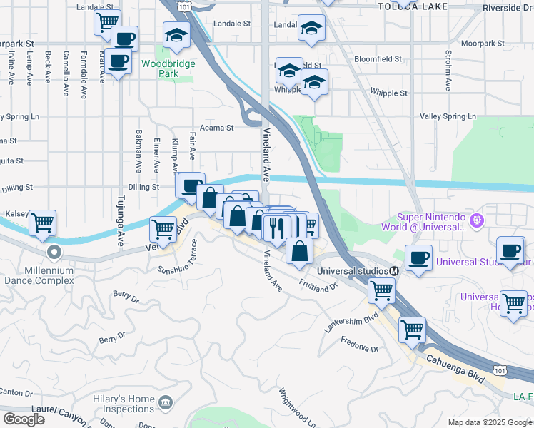 map of restaurants, bars, coffee shops, grocery stores, and more near 10978 Bluffside Drive in Los Angeles