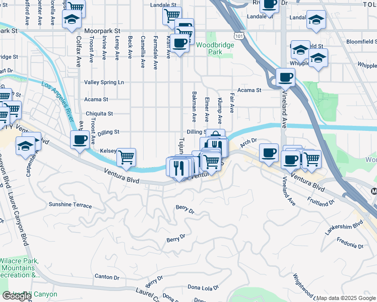 map of restaurants, bars, coffee shops, grocery stores, and more near 4048 Tujunga Avenue in Los Angeles