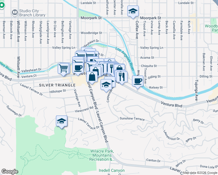 map of restaurants, bars, coffee shops, grocery stores, and more near 3947 Carpenter Avenue in Los Angeles