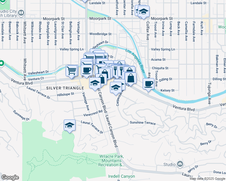 map of restaurants, bars, coffee shops, grocery stores, and more near 3947 Carpenter Avenue in Los Angeles