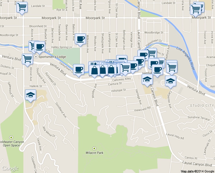 map of restaurants, bars, coffee shops, grocery stores, and more near 12307 Hillslope Street in Los Angeles