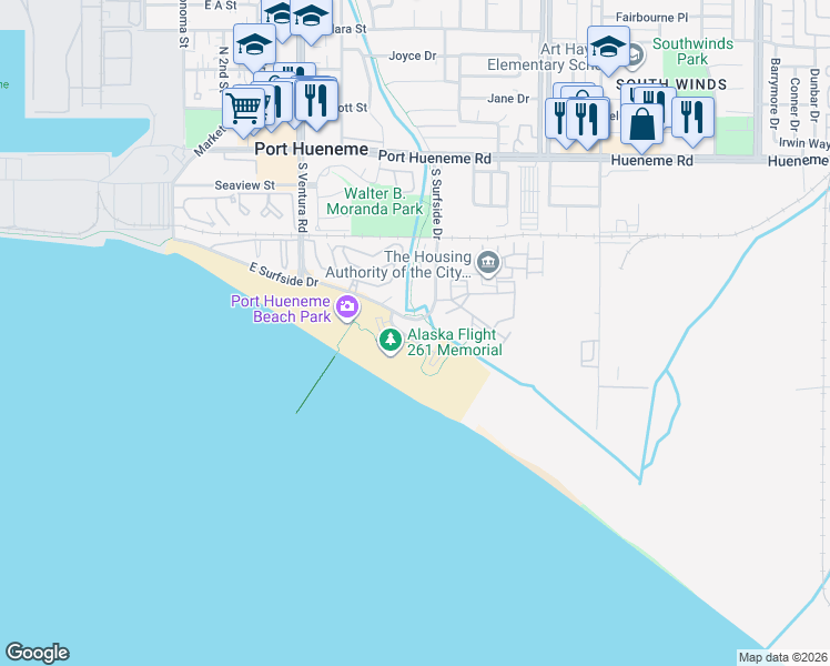 map of restaurants, bars, coffee shops, grocery stores, and more near 659 Ocean View Drive in Port Hueneme