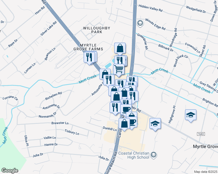 map of restaurants, bars, coffee shops, grocery stores, and more near 5310 Carolina Beach Rd in Wilmington