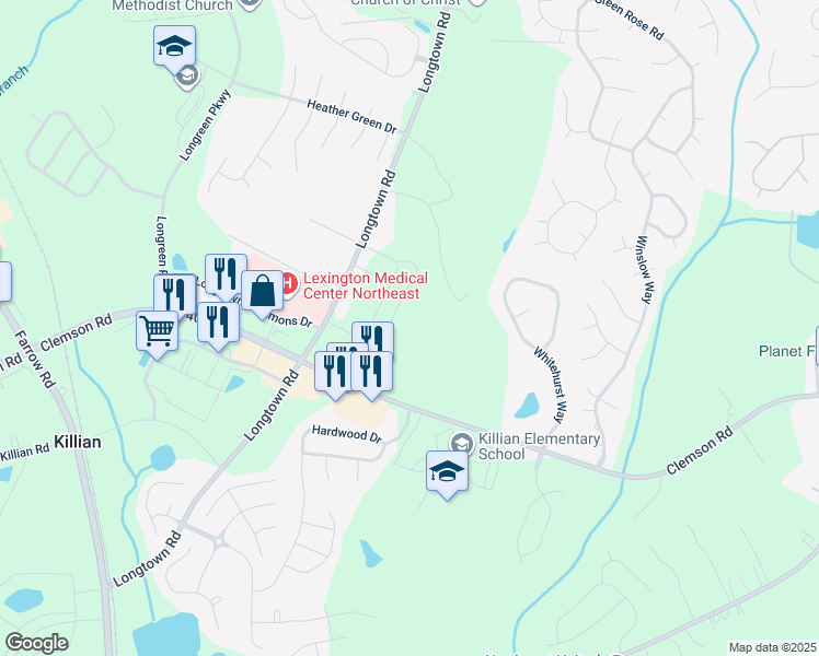 map of restaurants, bars, coffee shops, grocery stores, and more near 2640 Clemson Road in Columbia
