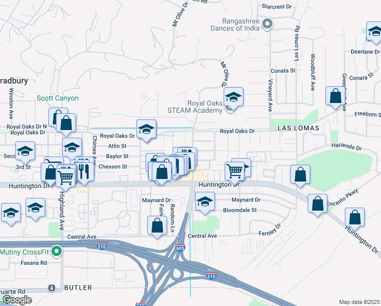 map of restaurants, bars, coffee shops, grocery stores, and more near 915 Mount Olive Drive in Duarte