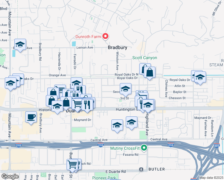 map of restaurants, bars, coffee shops, grocery stores, and more near 1541 Second Street in Duarte