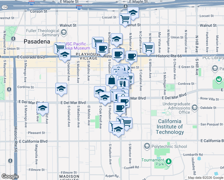 map of restaurants, bars, coffee shops, grocery stores, and more near 225 South Lake Avenue in Pasadena