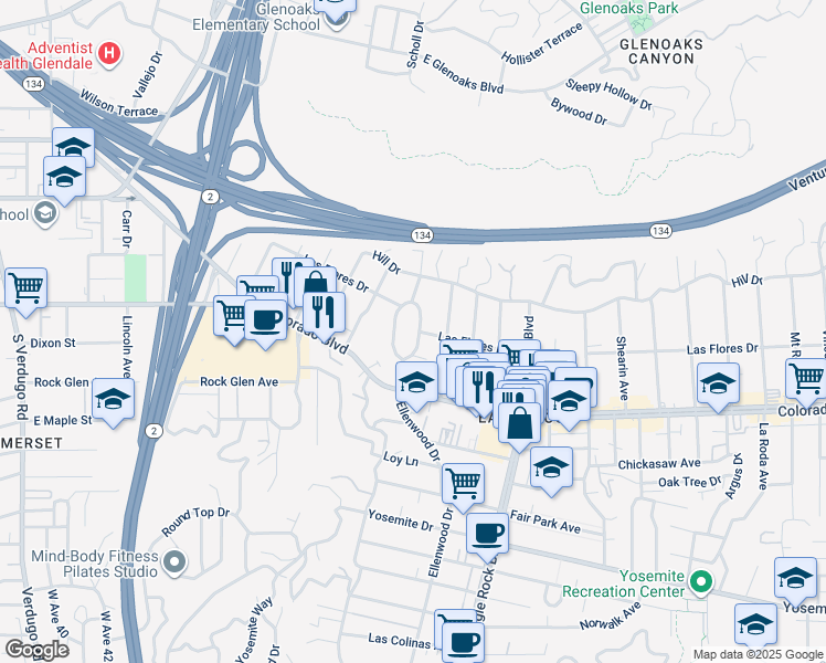 map of restaurants, bars, coffee shops, grocery stores, and more near 5237 Ellenwood Place in Los Angeles