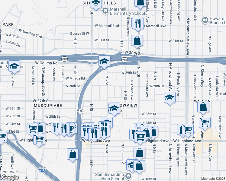 map of restaurants, bars, coffee shops, grocery stores, and more near 2772 North Berkeley Avenue in San Bernardino