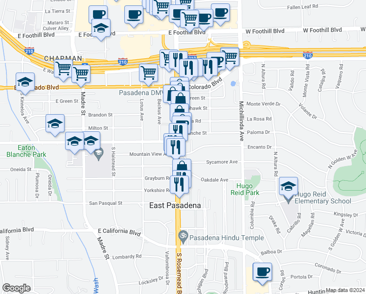 map of restaurants, bars, coffee shops, grocery stores, and more near 252 South Rosemead Boulevard in Pasadena