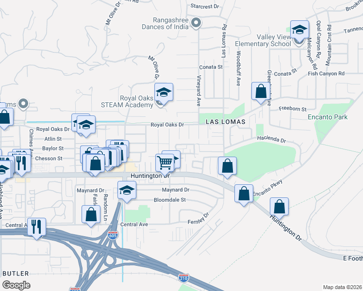 map of restaurants, bars, coffee shops, grocery stores, and more near 840 Swiss Trails Road in Duarte