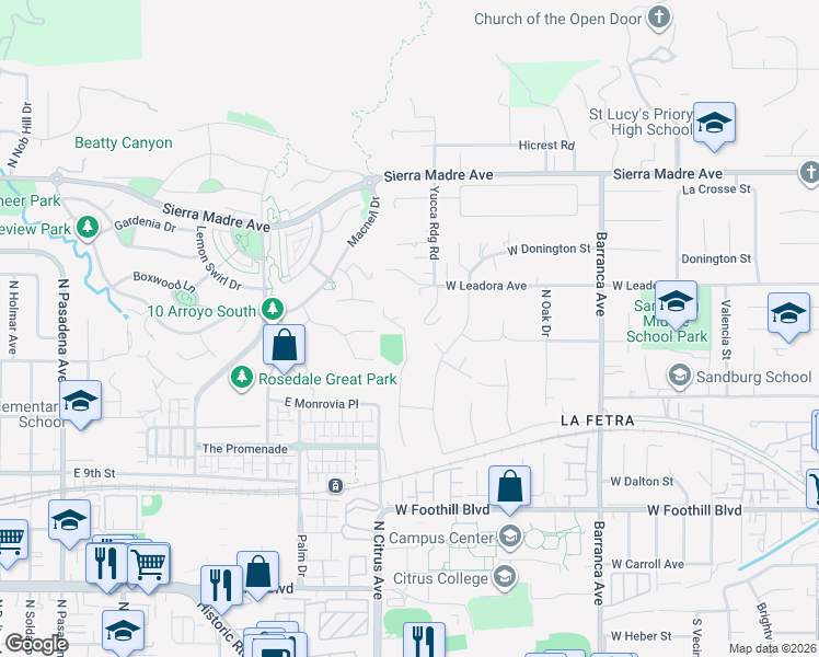 map of restaurants, bars, coffee shops, grocery stores, and more near 410 Meyer Lane in Glendora