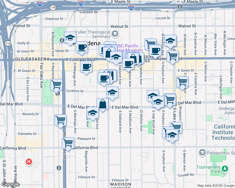 map of restaurants, bars, coffee shops, grocery stores, and more near 207 South Oakland Avenue in Pasadena