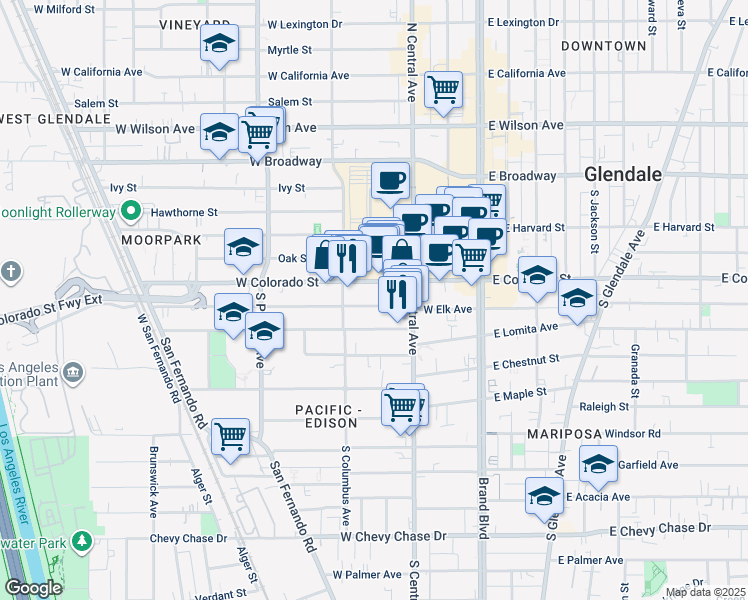 map of restaurants, bars, coffee shops, grocery stores, and more near 350 West Elk Avenue in Glendale