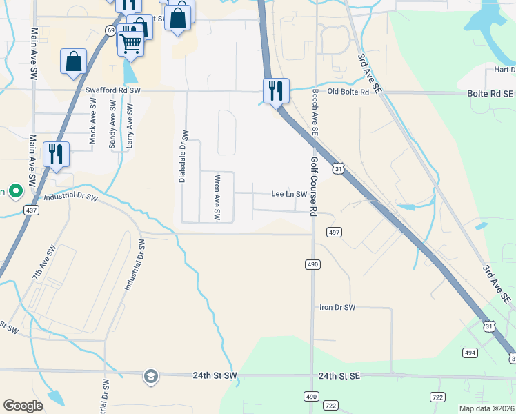 map of restaurants, bars, coffee shops, grocery stores, and more near 211 County Road 497 in Cullman