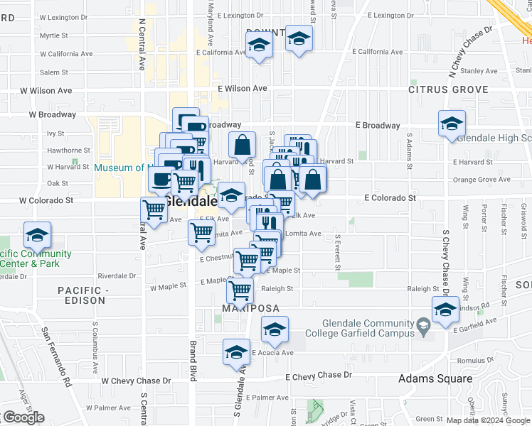 map of restaurants, bars, coffee shops, grocery stores, and more near 415 East Elk Avenue in Glendale