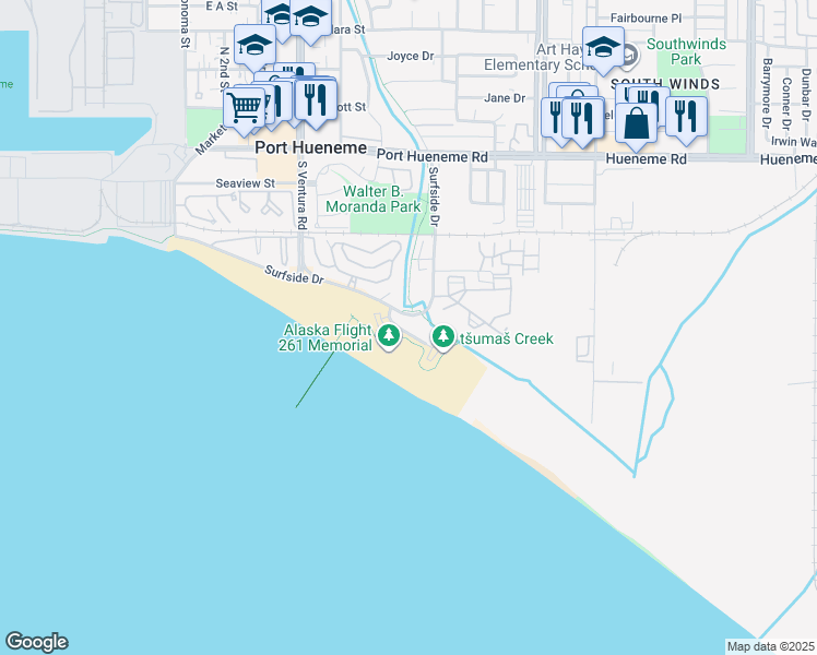 map of restaurants, bars, coffee shops, grocery stores, and more near 657 Ocean View Drive in Port Hueneme