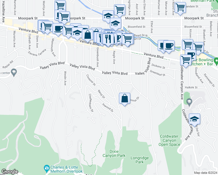 map of restaurants, bars, coffee shops, grocery stores, and more near 3949 Dixie Canyon Avenue in Los Angeles