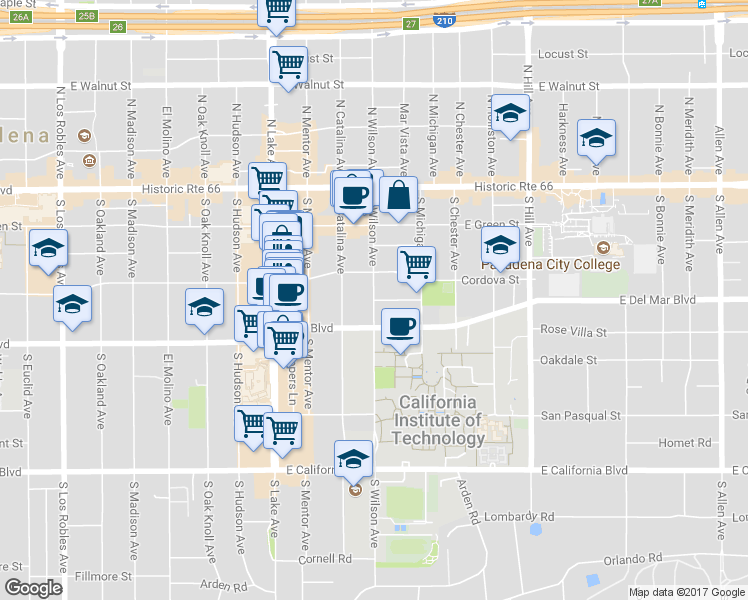 map of restaurants, bars, coffee shops, grocery stores, and more near S Wilson Ave & Blanche St in Pasadena