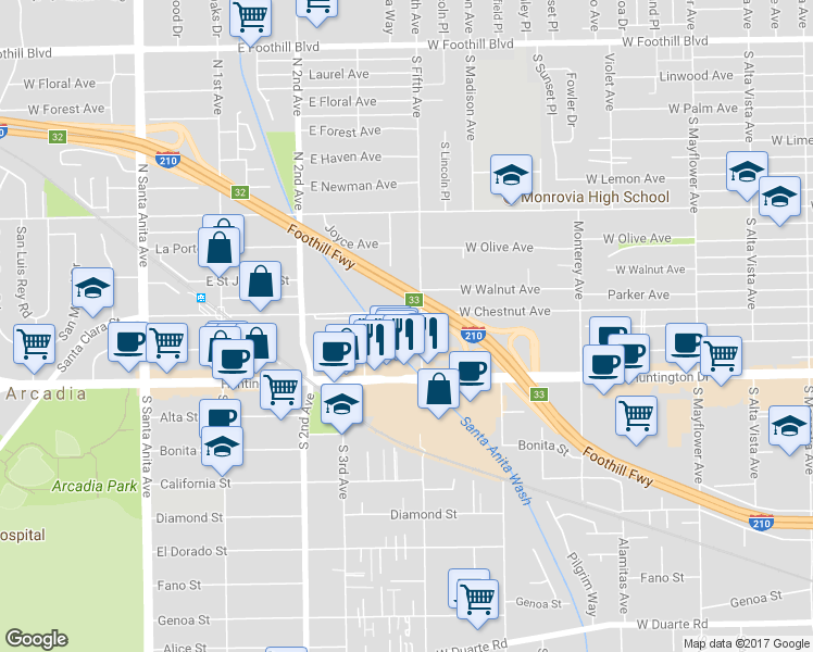 map of restaurants, bars, coffee shops, grocery stores, and more near 488 East Santa Clara Street in Arcadia