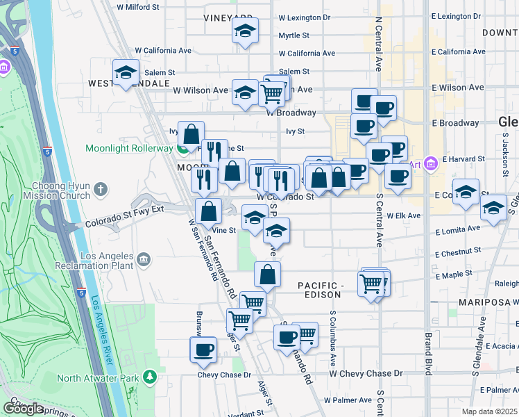 map of restaurants, bars, coffee shops, grocery stores, and more near 525 West Elk Avenue in Glendale
