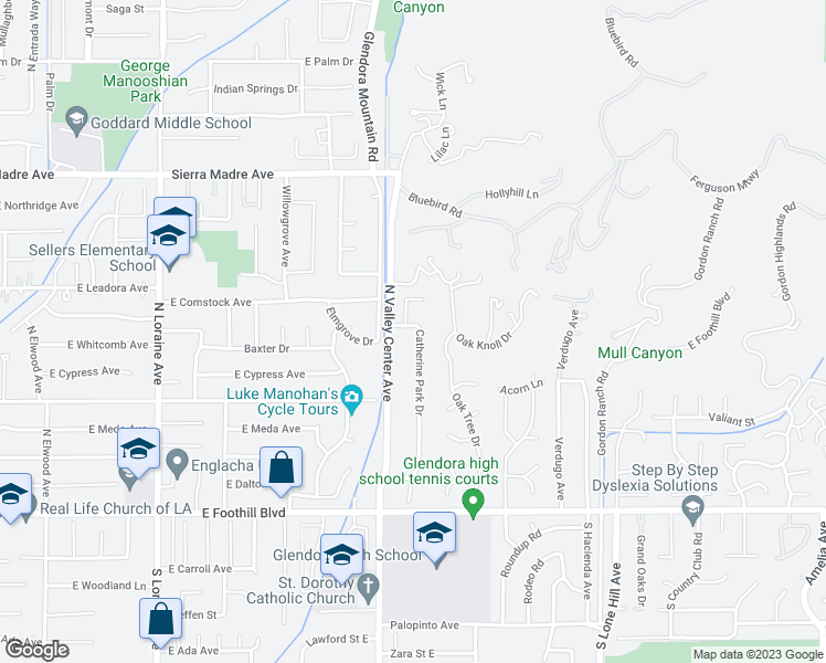 map of restaurants, bars, coffee shops, grocery stores, and more near 377 Catherine Park Drive in Glendora