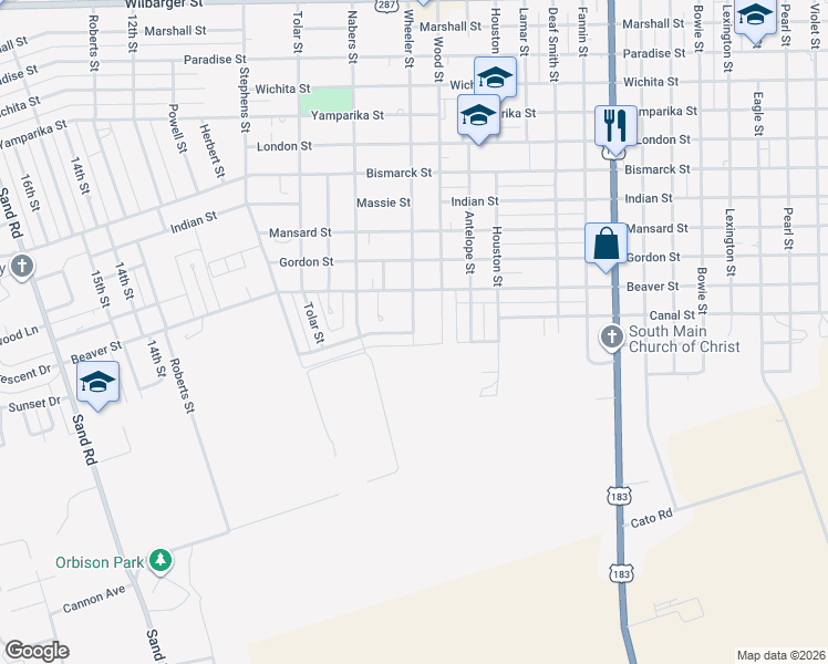 map of restaurants, bars, coffee shops, grocery stores, and more near 2909 Wheeler Street in Vernon