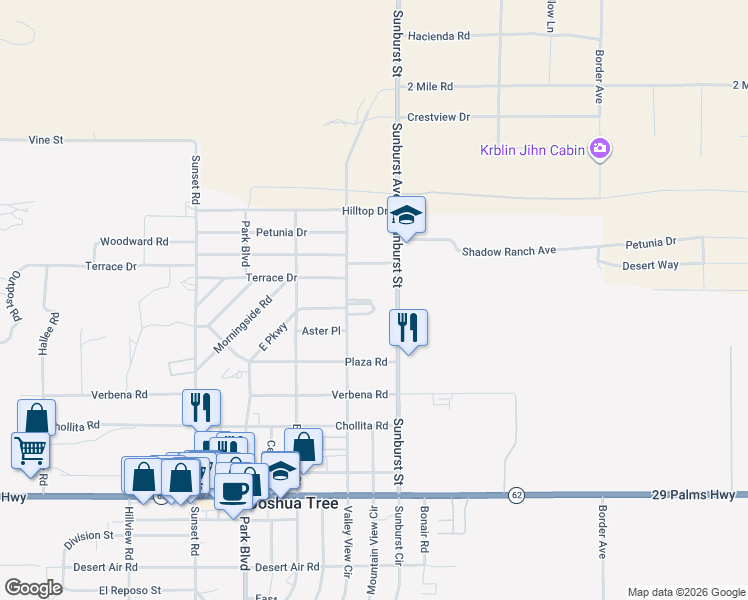 map of restaurants, bars, coffee shops, grocery stores, and more near 6117 Valley View Street in Joshua Tree