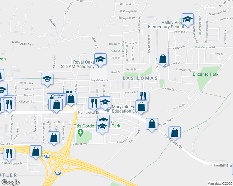 map of restaurants, bars, coffee shops, grocery stores, and more near 860 Swiss Trails Road in Duarte