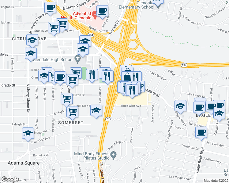 map of restaurants, bars, coffee shops, grocery stores, and more near Glendale Fwy in Los Angeles