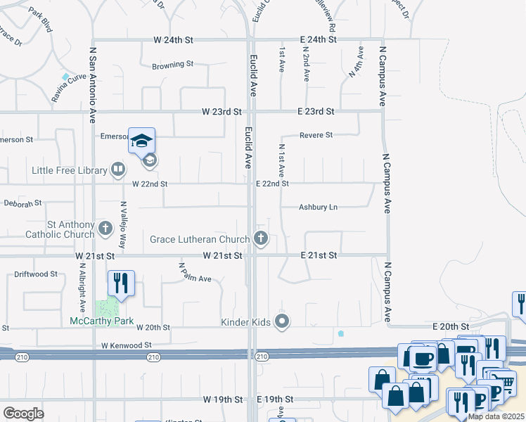 map of restaurants, bars, coffee shops, grocery stores, and more near 2162 North Euclid Avenue in Upland
