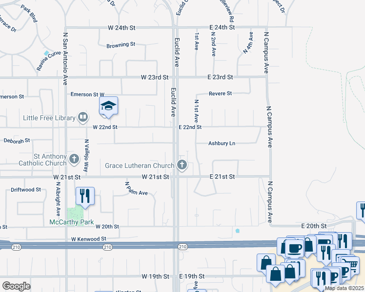 map of restaurants, bars, coffee shops, grocery stores, and more near 2162 North Euclid Avenue in Upland