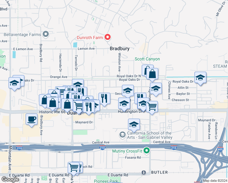 map of restaurants, bars, coffee shops, grocery stores, and more near 1541 Second Street in Duarte